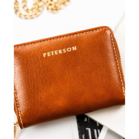 Braune Damen Geldbörse aus Öko-Leder mit Reißverschluss und Druckknopf – Peterson