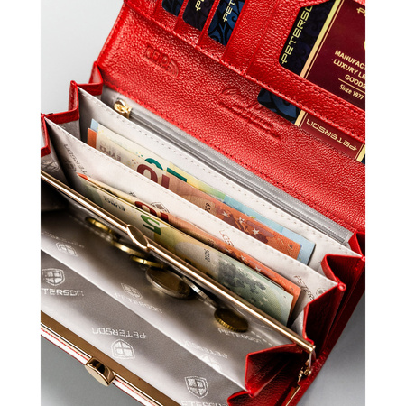 Elegante Damen-Geldbörse aus echtem Leder in Rot, mit Druckknopfverschluss und Rahmen - Peterson