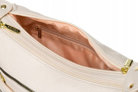 Damen-Umhängetasche aus Öko-Leder in Beige mit Reißverschlüssen auf der Vorderseite - Rovicky