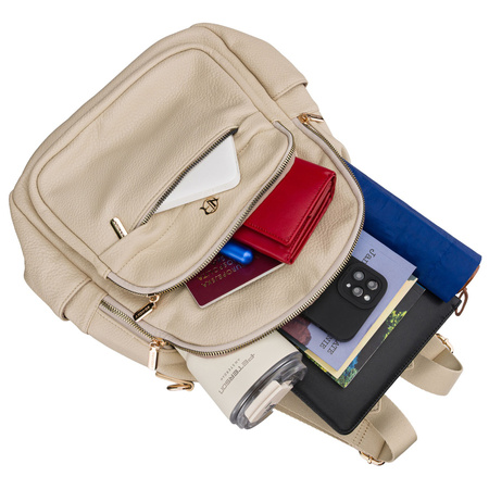 Eleganter Damen-Rucksack mit Seitentaschen aus Öko-Leder in Beige – Rovicky