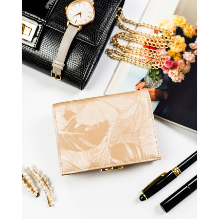 Beige Damen-Geldbörse aus Natur- und Öko-Leder mit Pflanzenmuster – Peterson