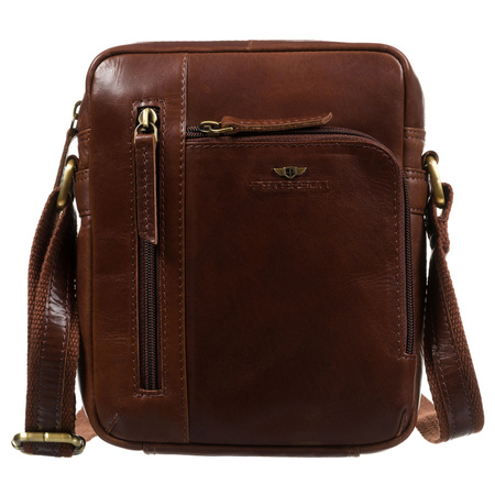 Peterson Herren-Umhängetasche aus Leder, klassisch, braun, mit Taschen und Etui