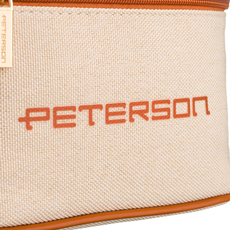 Beige-braune Kosmetiktasche aus synthetischem Stoff ausgestattet mit einem Griff, mit Reißverschluss geschlossen - Peterson