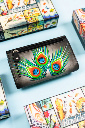 Geräumige Damen Geldbörse aus Leder mit Pfauenfeder-Muster – Rovicky