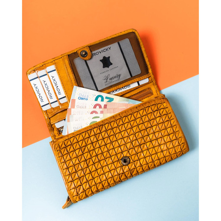 Senfgelbe Damen Geldbörse mit geometrischem Muster aus Echtleder – Rovicky