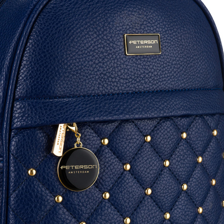 Gesteppt, modischer dunkelblauer Damen Rucksack mit goldenen Nieten aus Öko-Leder – Peterson