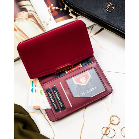 Horizontale Damen-Geldbörse aus Öko-Leder in Bordeauxrot, mit Reißverschluss und Druckknopf geschlossen - Peterson