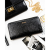 Lackierte Federmappen-Geldbörse aus echtem Leder in Schwarz mit Reißverschluss - Rovicky