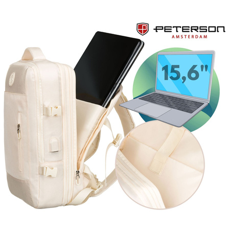 Praktischer Reise-Rucksack in Ecru, ausgestattet mit einem Netzfach und Kompressionsriemen – Peterson