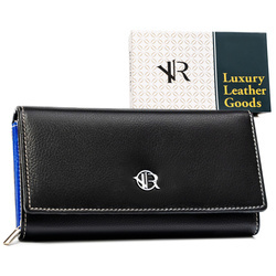 Große, schwarze Damen Geldbörse aus Leder mit Druckknopf – Rovicky