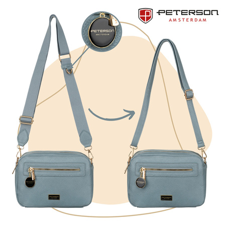 Modische blaue Damen Umhängetasche mit zwei Schulterriemen und Anhänger aus Öko-Leder – Peterson