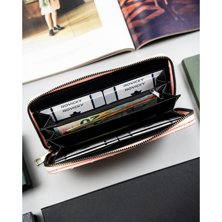 Rosa, große Damen-Geldbörse aus Öko-Leder im Fischgrätmuster mit Reißverschluss - 4U Cavaldi