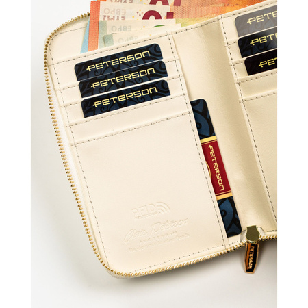 Damen-Geldbörse im Federmäppchen-Stil aus Öko-Leder in Weiß, ausgestattet mit einem RFID-System - Peterson