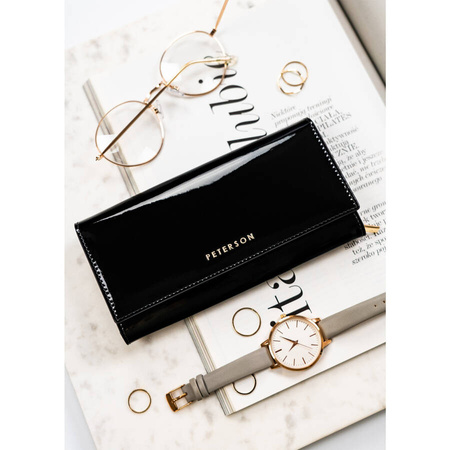 Lackierte Damen Geldbörse aus Leder in Schwarz mit Druckknopfverschluss – Peterson