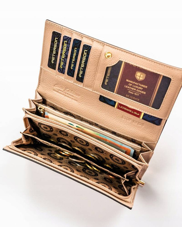 Schwarz-goldene Damen Geldbörse aus echtem Leder mit lackierter Klappe – Peterson