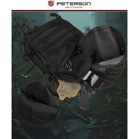 Peterson – Schwarzer Militärrucksack, dreifach unterteilt, an verstellbaren Trägern aufgehängt