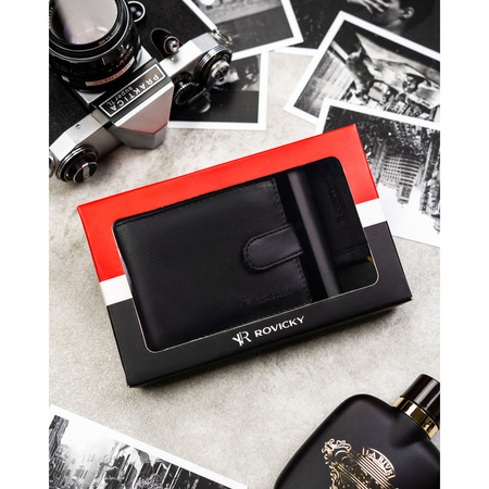 Geschenkset: Herren-Geldbörse, schwarze Herren-Geldbörse aus Öko-Leder und Schlüsselanhänger - Rovicky