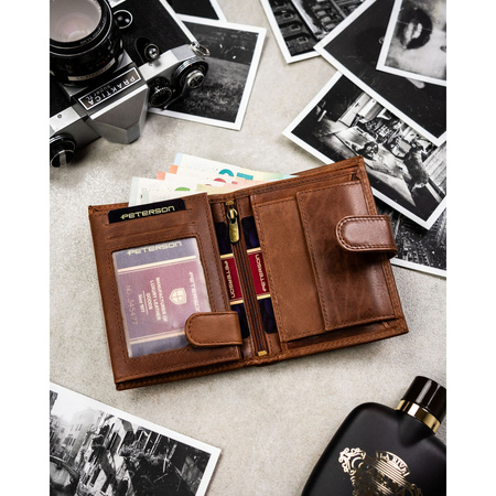 Herren-Geldbörse aus echtem Leder, braun, vertikal mit Druckverschluss - Peterson