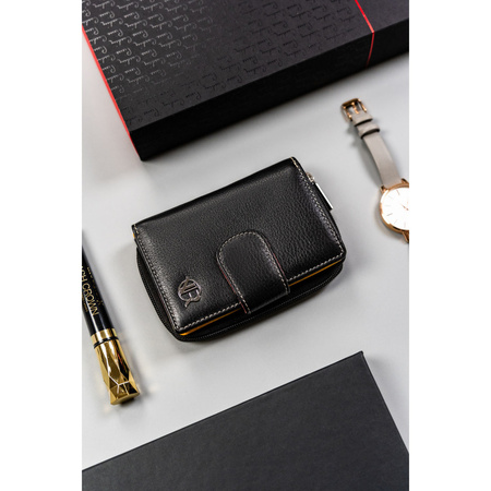 Stilvolle, schwarze Damen Geldbörse aus Leder mit Druckknopf und Reißverschluss – Rovicky