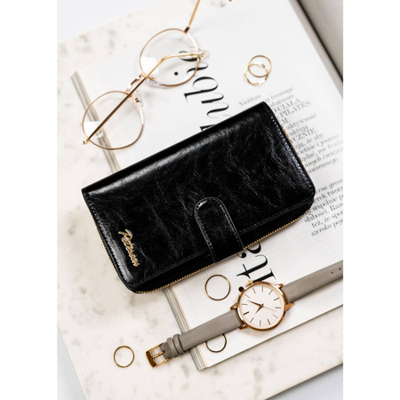 Große Damen Geldbörse aus Leder in Schwarz mit Reißverschluss und Druckknopf – Peterson