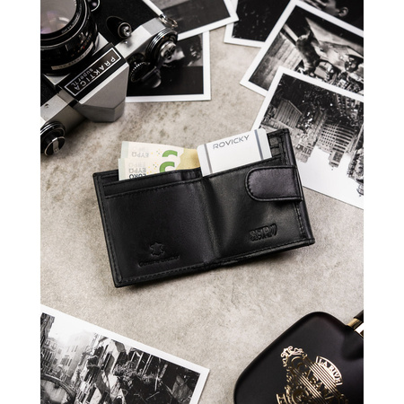 Kleine und schlanke Herren-Geldbörse aus Leder in Schwarz mit Druckknopfverschluss – Rovicky
