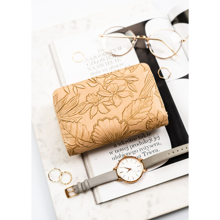 Elegante Damen-Geldbörse aus Öko-Leder in Beige mit Blumenmuster – Peterson