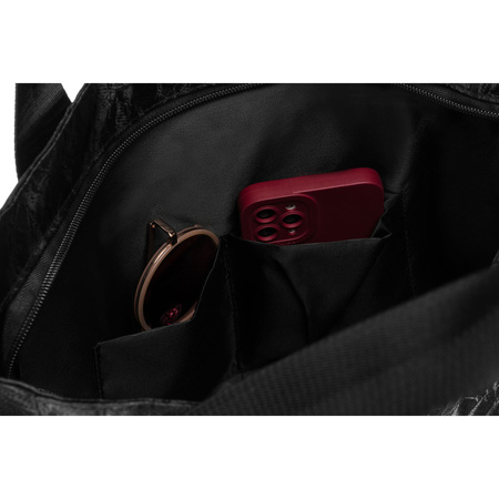 Schwarze, große Damen-Handtasche aus Polyester mit Marmormuster, mit Reißverschluss - Rovicky