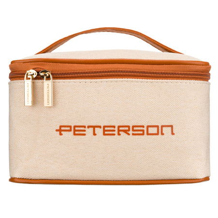 Beige-braune Kosmetiktasche aus synthetischem Stoff ausgestattet mit einem Griff, mit Reißverschluss geschlossen - Peterson
