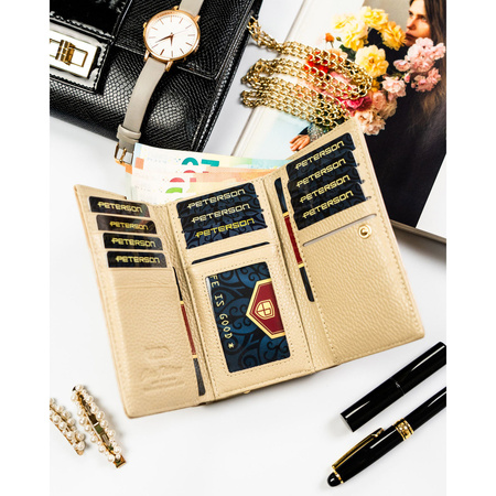 Beige Damen-Geldbörse aus Natur- und Öko-Leder mit Pflanzenmuster, verschließbar mit Bügel und Druckknopf - Peterson