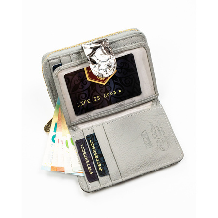 Schwarze Damen Geldbörse aus Leder mit RFID-Schutz, Druckknopf und Reißverschluss – Peterson