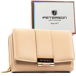 Beige Damen-Geldbörse aus Öko-Leder mit leicht gestreifter Struktur, mit Druckknopfverschluss - Peterson