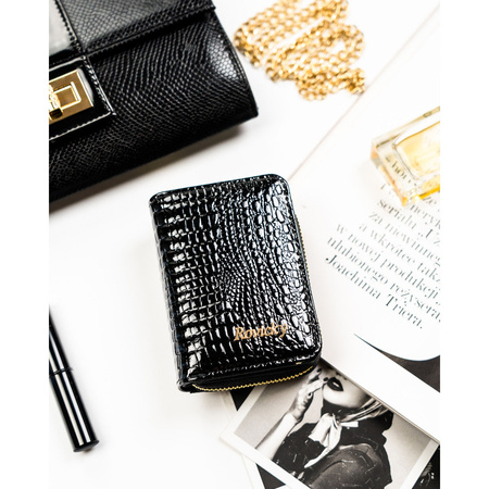 Damen-Geldbörse aus Leder in Schwarz mit Reißverschluss und Druckknopf – Rovicky