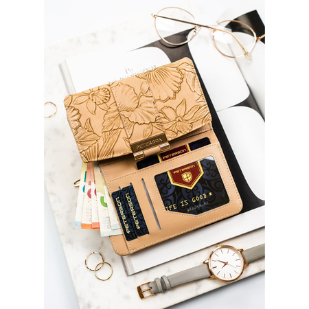 Elegante Damen-Geldbörse aus Öko-Leder in Beige mit Blumenmuster – Peterson