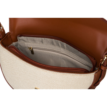 Beige-braune halbrunde Damen Umhängetasche aus Leder und Canvas – Peterson