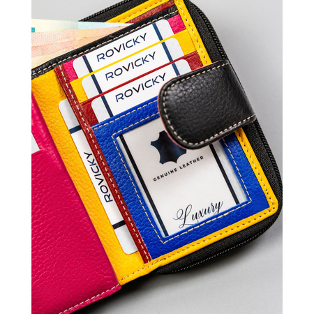 Stilvolle, schwarze Damen Geldbörse aus Leder mit Druckknopf und Reißverschluss – Rovicky