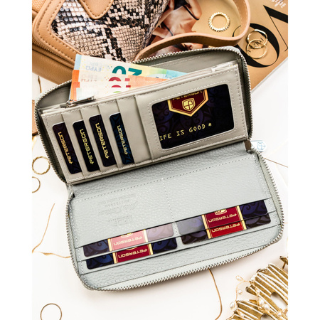 Graue Damen-Geldbörse im Federmäppchen-Stil mit Pflanzenmuster, hergestellt aus Natur- und Öko-Leder - Peterson