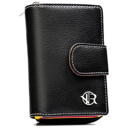 Stilvolle, schwarze Damen Geldbörse aus Leder mit Druckknopf und Reißverschluss – Rovicky