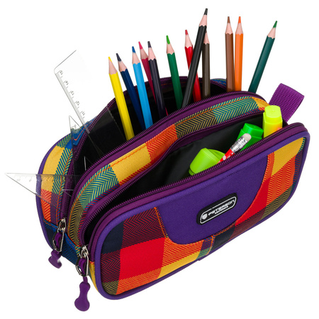 Schuletui aus Polyester mit Karomuster, zweifach unterteilt mit Reißverschlüssen - Peterson