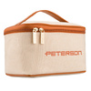 Beige-braune Kosmetiktasche aus synthetischem Stoff ausgestattet mit einem Griff, mit Reißverschluss geschlossen - Peterson