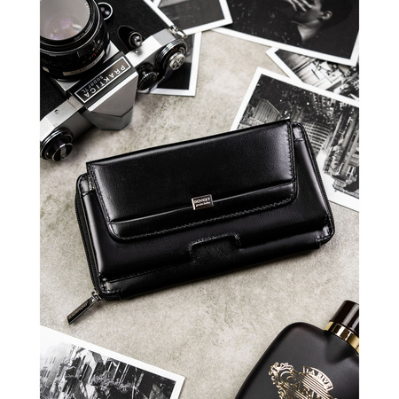 Schwarze, zweifach unterteilte Herren-Handgelenktasche aus Leder mit RFID-System – Rovicky