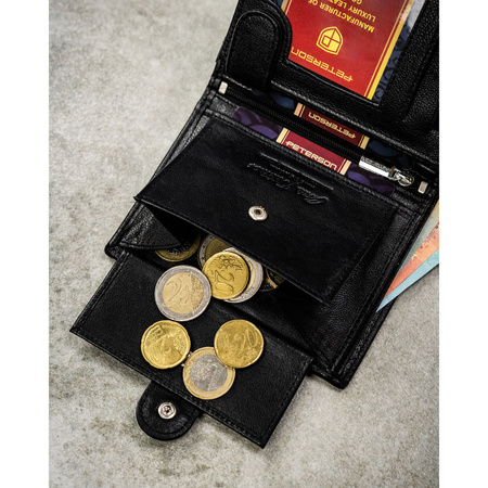 Geschenkset: vertikale Herren-Geldbörse aus Leder in Schwarz und schwarzer Gürtel aus Öko-Leder - Peterson