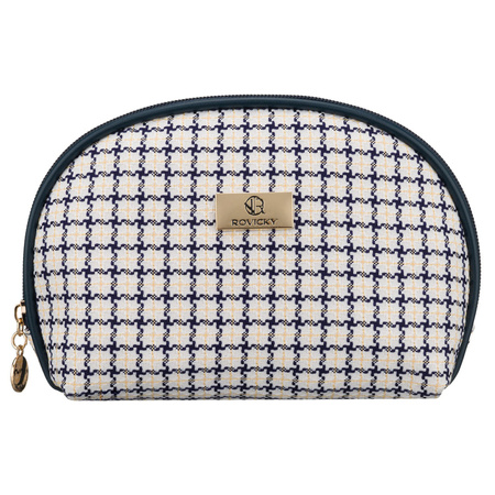 Beige-blaues Damen-Kosmetiktäschchen mit Karomuster, mit Reißverschluss – Rovicky