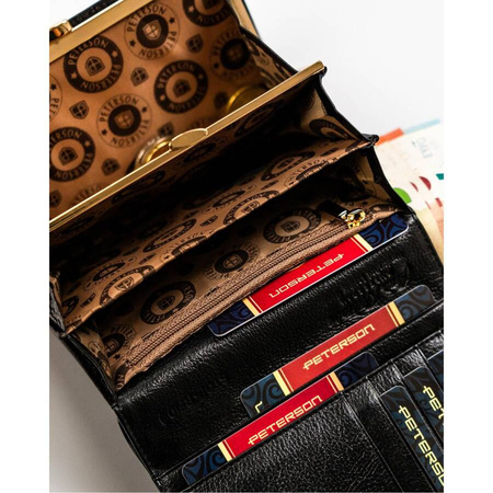 Kompakte Damen Geldbörse aus Echtleder in Schwarz mit Druckknopfverschluss – Peterson