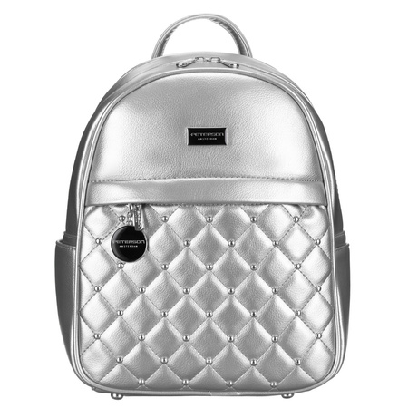 Silberner glänzender Damen Rucksack mit Steppung und Nieten aus Öko-Leder – Peterson