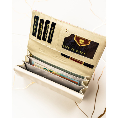 Elegante Damen-Geldbörse mit Blumenmuster aus Natur- und Öko-Leder mit Druckknopfverschluss - Peterson