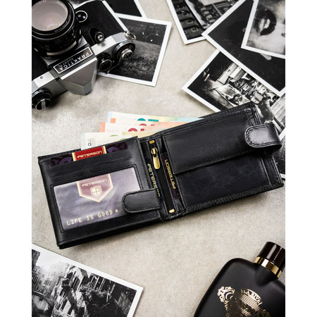 Herren-Geldbörse aus Leder in Schwarz, mit RFID-System und Druckknopfverschluss - Peterson