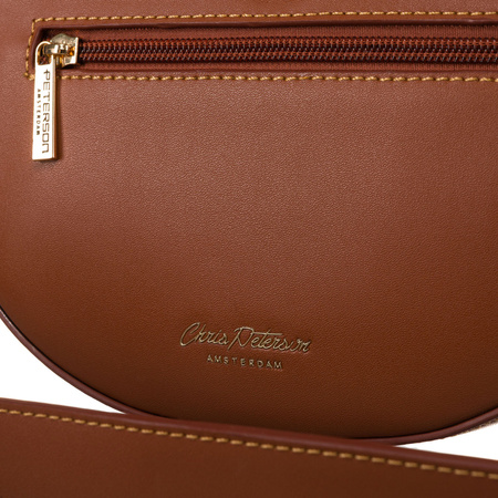 Beige-braune halbrunde Damen Umhängetasche aus Leder und Canvas – Peterson