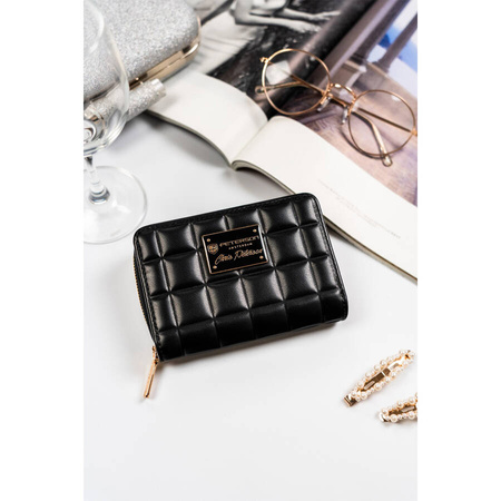 Gesteppte, schwarze Damen-Geldbörse aus Öko-Leder mit Druckknopf- und Reißverschluss – Peterson