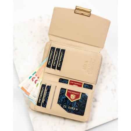 Beige Damen-Geldbörse aus Öko-Leder mit Noppenstruktur, mit Druckknopfverschluss - Peterson