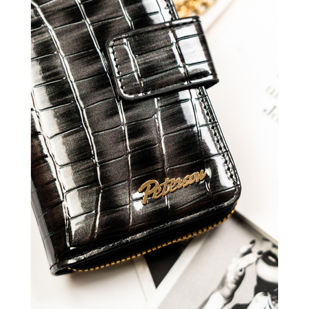 Graue Damen-Geldbörse aus Öko-Leder mit Krokodilhaut-Prägung, mit Druckknopf und Reißverschluss zu schließen - Peterson